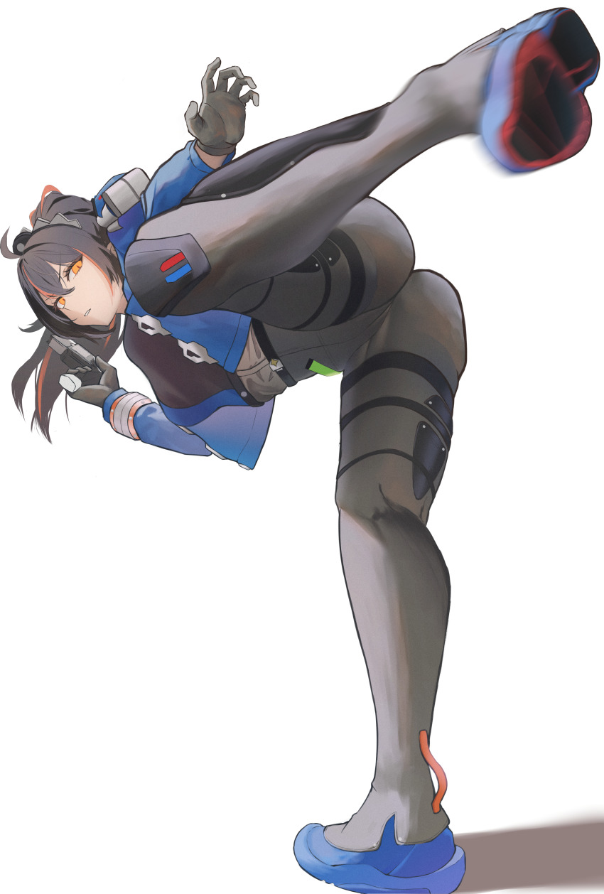 1girl, absurdres, ahoge, ass, belt, black_belt, black_gloves, black_hair