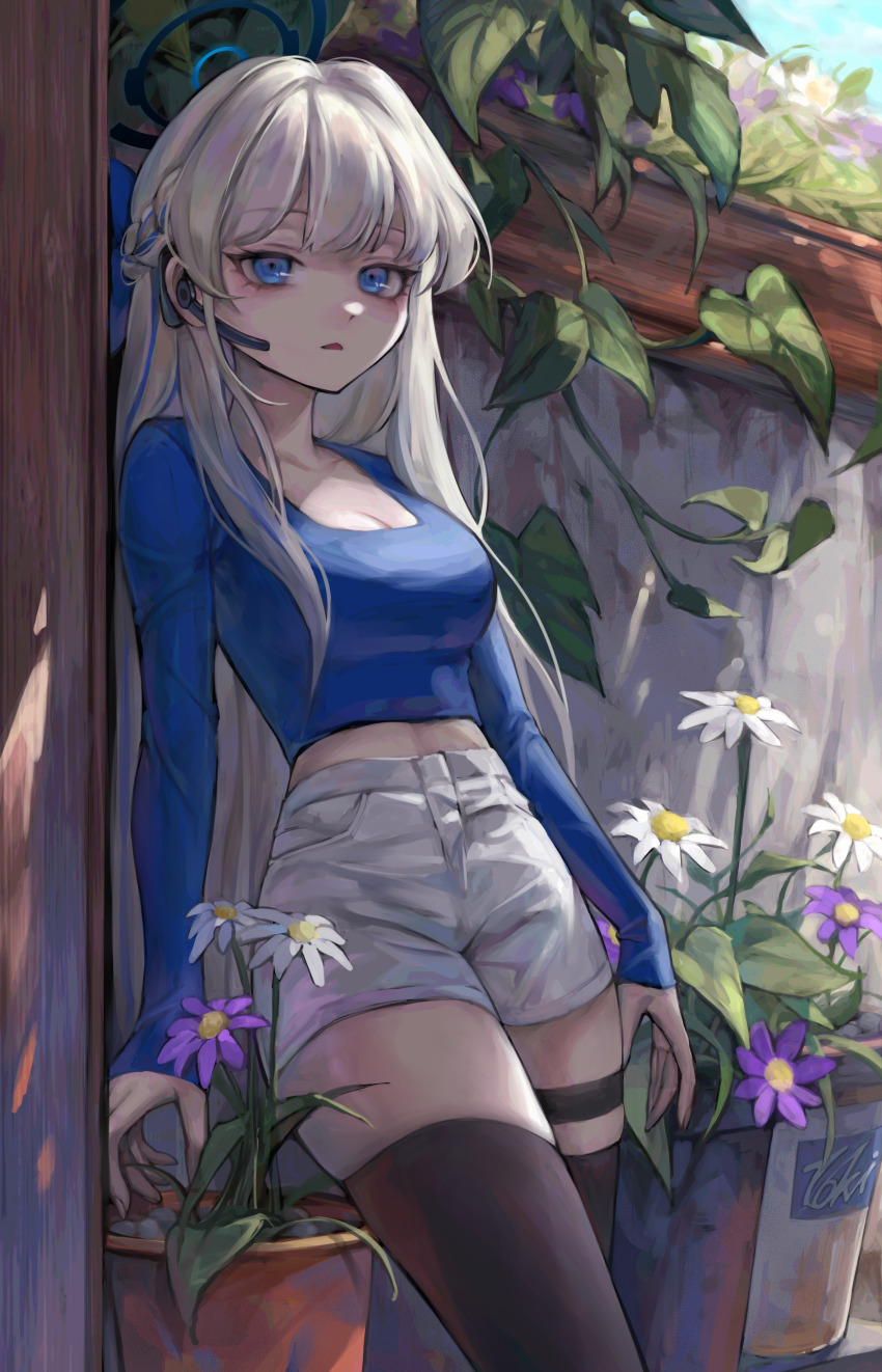 1girl, absurdres, black_socks, blonde_hair, blue_archive, blue_eyes, blue_shirt, breasts, collarbone, commentary, day, earpiece, english_commentary, eyelashes, flower_pot, halo, highres, jiyuneva, long_hair, long_sleeves, looking_at_viewer, medium_breasts, parted_lips, plant, shirt, shorts, socks, thigh_strap, thighhighs, toki_(blue_archive), vines