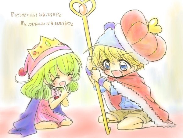 1boy, 1girl, 6v6_f5, ^_^, blonde_hair, blue_eyes, blush, cape, closed_eyes, commentary_request, crown, dress, green_hair, hat, holding, holding_staff, long_hair, mirumo, mirumo_de_pon!, pink_dress, red_cape, rirumu_(mirumo_de_pon!), short_hair, sitting, smile, staff, translation_request, wristband