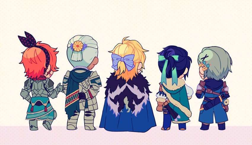 5boys, alisha_(heirror), aqua_cape, arm_behind_back, arm_up, armor, arrow_(projectile), ashe_ubert