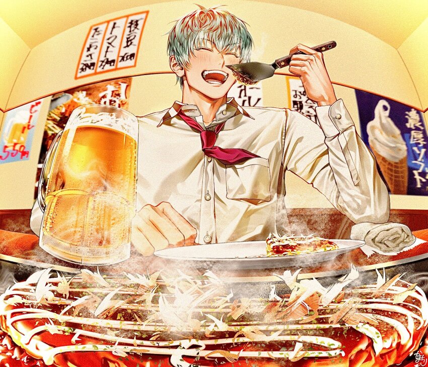 1boy, alcohol, beer, beer_mug, blush, closed_mouth, collared_shirt, cup