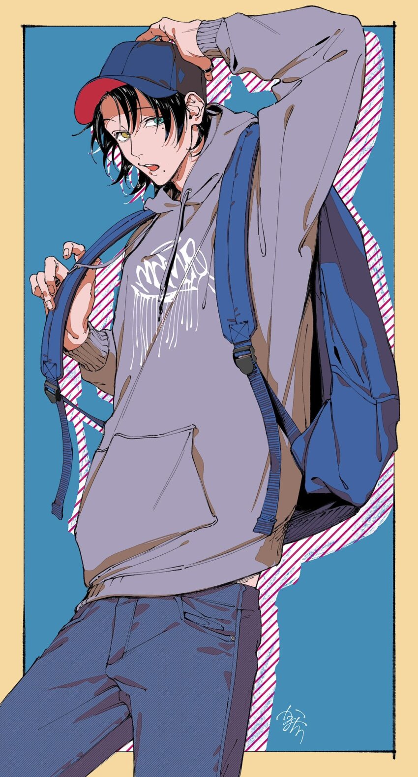 1boy, backpack, bag, baseball_cap, blue_background, denim, from_side, green_eyes