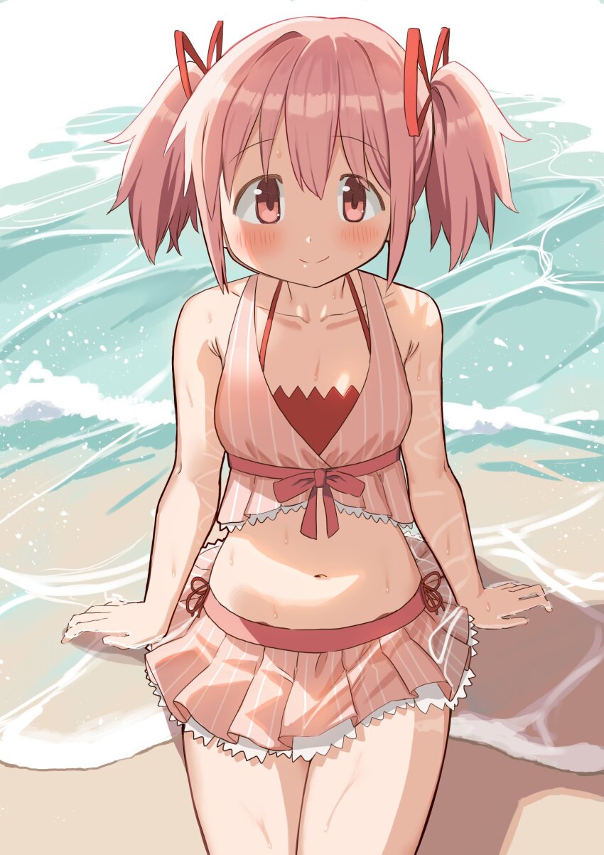 1girl, beach, bikini, bikini_skirt, child, cocoa_(ultra_mdk), commentary, frilled_bikini