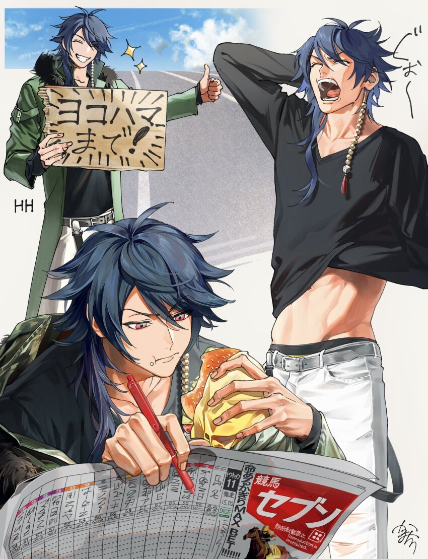 1boy, abs, arisugawa_dice, black_shirt, blue_hair, blue_sky, burger, closed_eyes, coat, collarbone, eating, food, fur-trimmed_coat, fur_trim, green_coat, grin, hand_on_own_head, hand_under_clothes, hand_under_shirt, highres, hitchhiking, holding, holding_food, holding_newspaper, holding_pen, hypnosis_mic, kamachiri, long_sleeves, male_focus, male_underwear, male_underwear_peek, multiple_views, navel_peek, newspaper, open_mouth, pants, pen, red_eyes, road, shirt, sky, smile, teeth, thumbs_up, toned, toned_male, tongue, underwear, white_pants, yawning