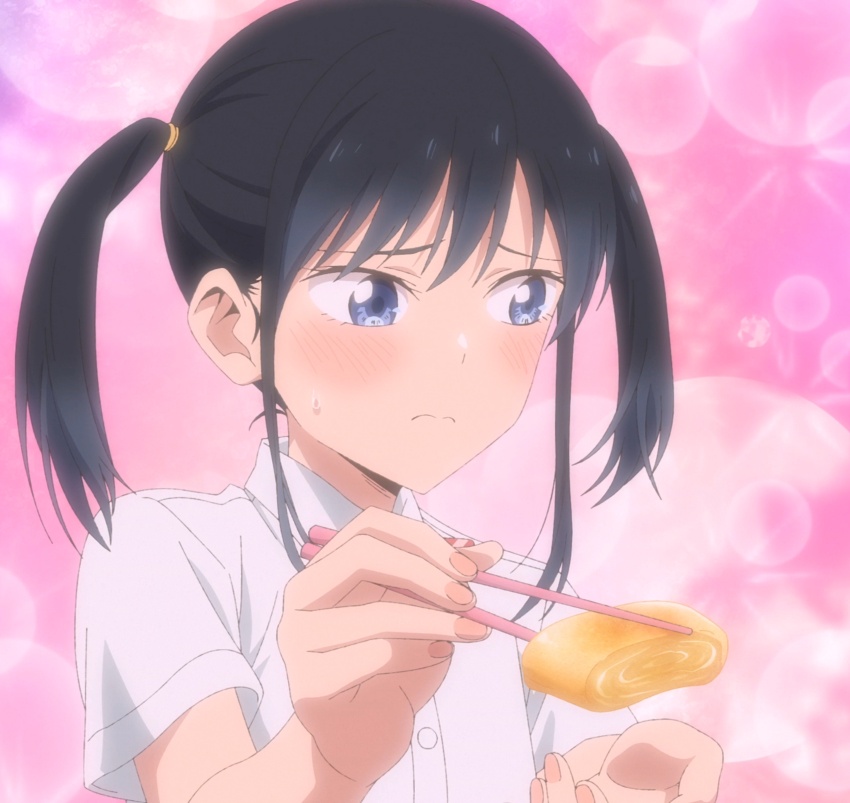 1girl, absurdres, alternate_hairstyle, black_hair, blue_eyes, blush, breasts, embarrassed