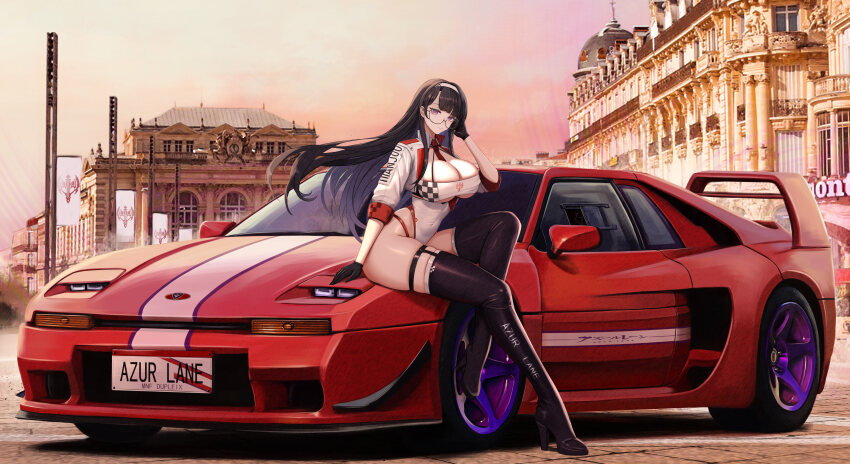 1girl, absurdres, azur_lane, black_hair, boots, breasts, car, character_name