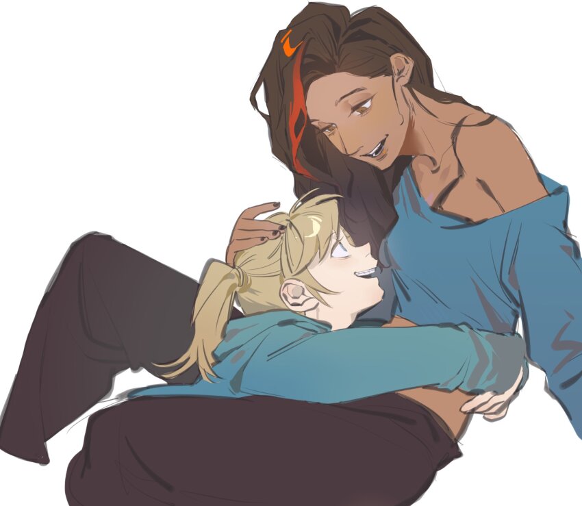 2girls, blonde_hair, blue_eyes, bra_strap, braces, brown_eyes, brown_hair, crop_top, hair_dye, hand_on_another's_head, highres, hood, hoodie, hug, inside_out, inside_out_2, kugai697139, long_hair, looking_at_another, midriff, multiple_girls, open_mouth, pants, ponytail, riley_andersen, shirt, smile, sweatpants, valentina_ortiz