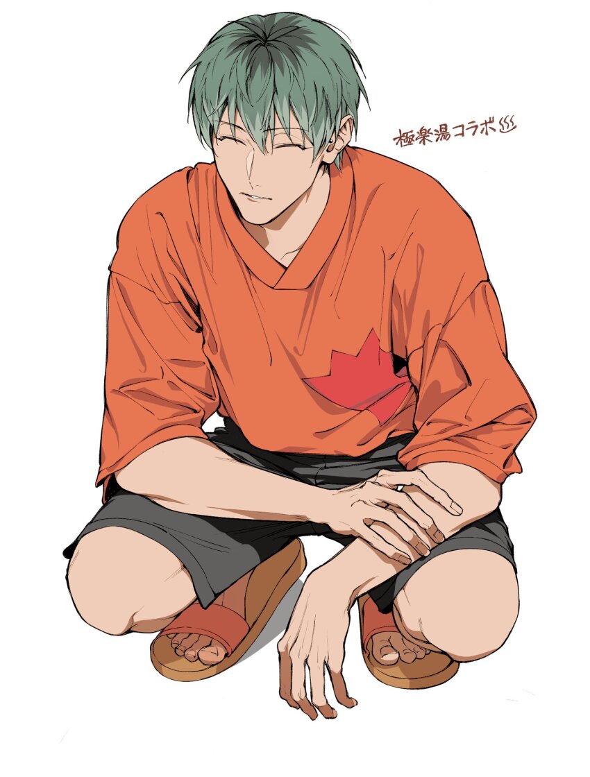 1boy, arm_rest, black_shorts, closed_eyes, closed_mouth, full_body, green_hair, hand_on_own_arm
