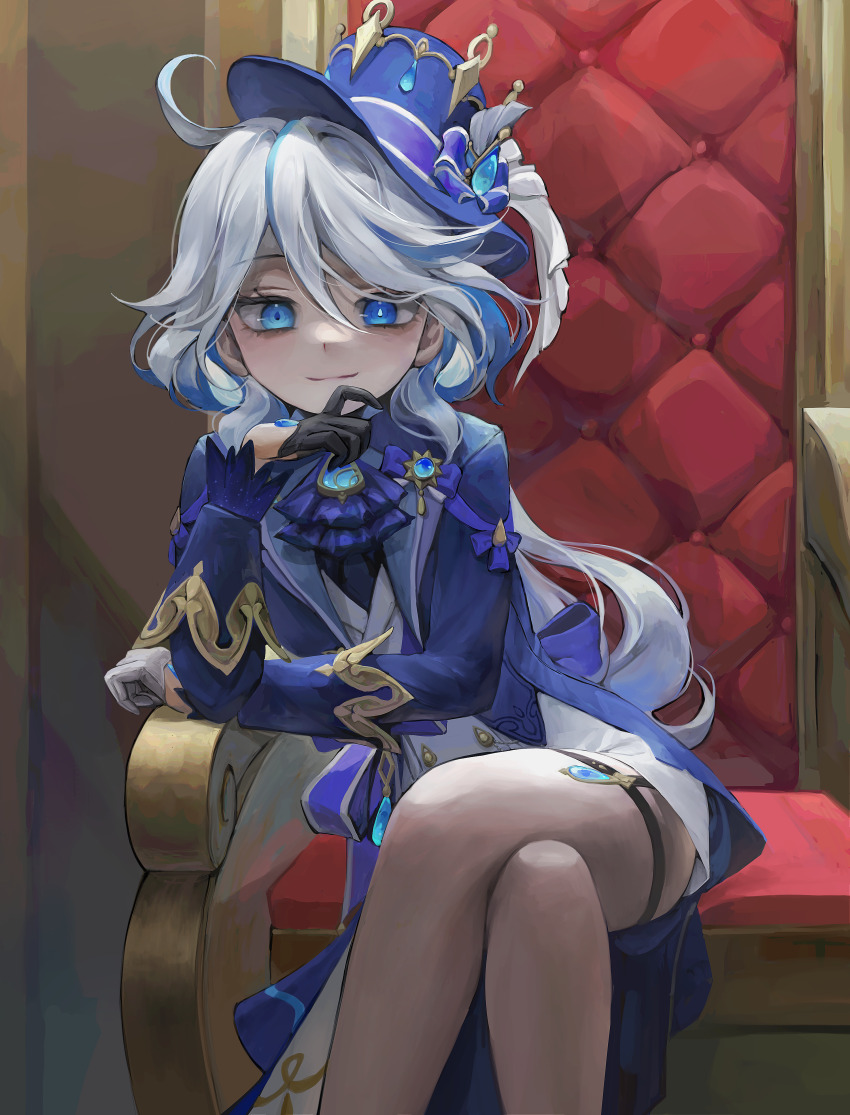 1girl, absurdres, ahoge, ascot, asymmetrical_gloves, black_gloves, blue_ascot, blue_eyes, blue_gem, blue_hair, blue_hat, blue_jacket, bow, commentary, cowlick, crossed_legs, elbow_rest, english_commentary, furina_(genshin_impact), gem, genshin_impact, gloves, hair_between_eyes, hat, heterochromia, highres, jacket, jiyuneva, light_blue_hair, lolita_fashion, long_hair, long_sleeves, looking_at_viewer, mismatched_gloves, multicolored_hair, on_throne, ouji_fashion, sitting, smile, solo, streaked_hair, throne, top_hat, white_gloves, white_hair, white_trim