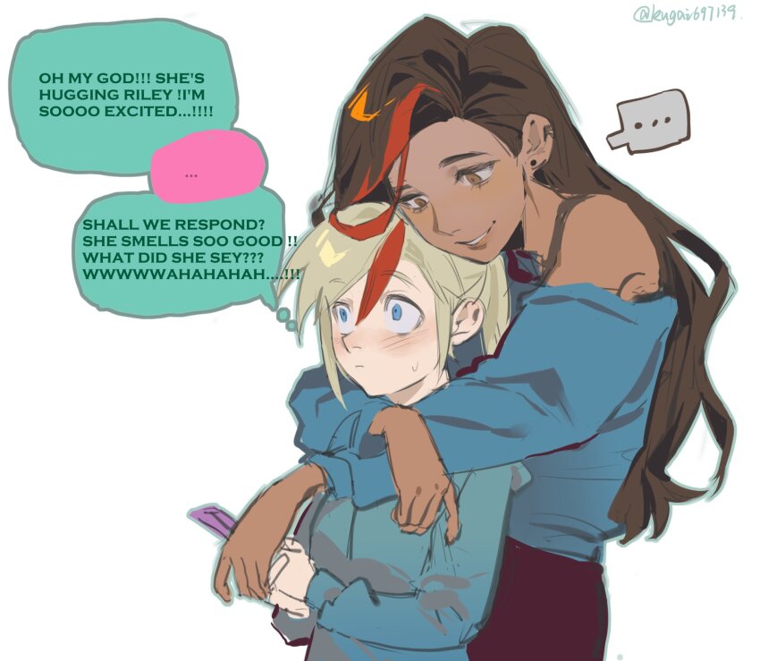 2girls, blonde_hair, blue_eyes, blush, bra_strap, brown_eyes, brown_hair, english_text, hair_dye, highres, hood, hoodie, hug, hug_from_behind, inside_out, inside_out_2, kugai697139, long_hair, looking_down, multiple_girls, ponytail, riley_andersen, sweatdrop, sweater, valentina_ortiz, yuri