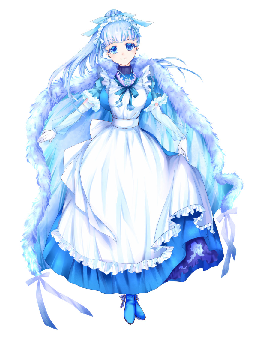 1girl, blue_dress, blue_eyes, blue_footwear, blue_hair, blue_ribbon, breasts, cape