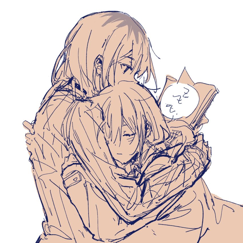 2girls, book, chinese_commentary, closed_eyes, closed_mouth, commentary_request, cuddling, girls_band_cry, head_on_chest, highres, holding, holding_book, hug, iseri_nina, kawaragi_momoka, koko_aovoa, long_hair, long_sleeves, lying_on_person, monochrome, multicolored_hair, multiple_girls, reading, roots_(hair), short_twintails, sleeping, sleeping_on_person, spoken_zzz, twintails, yuri, zzz