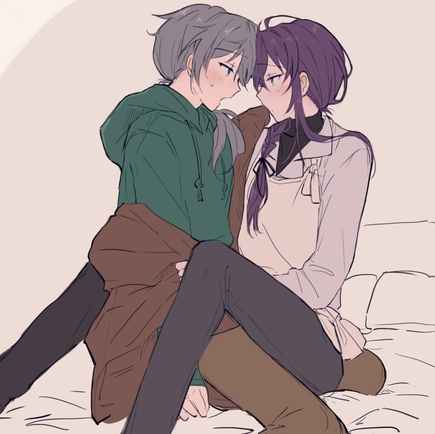 2boys, ahoge, apron, ayase_mayoi, black_shirt, blue_eyes, blush, brown_background, brown_pants, collared_shirt, ensemble_stars!, green_hoodie, grey_hair, grey_shirt, highres, hood, hood_down, hoodie, low_ponytail, male_focus, mole, mole_under_mouth, multiple_boys, open_mouth, pants, ponytail, purple_hair, shiina_niki, shirt, simple_background, suzumoo, turtleneck, white_apron, yaoi