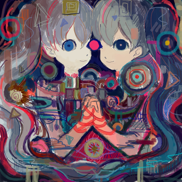 2girls, abstract, alternate_eye_color, alternate_hair_color, black_eyes, blue_eyes, bound, bound_together, bound_wrists, brown_pupils, circle, clone, closed_mouth, colorful, commentary_request, disembodied_eye, grey_hair, hatsune_miku, heads_together, holding_hands, interlocked_fingers, long_hair, looking_at_viewer, multicolored_shirt, multiple_girls, ribbon, shirt, sleeveless, sleeveless_shirt, smile, sokoko, square, ten_shou_shou_ten_shou_(vocaloid), triangle, upper_body, very_long_hair, vocaloid, wrist_ribbon