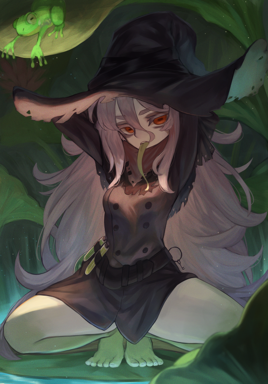 1girl, arms_up, black_dress, breasts, buttons, colored_tongue, commission, double-breasted, dress, frog, full_body, green_tongue, hat, highres, lily_pad, long_hair, long_tongue, m0_chi, original, pink_hair, pixiv_commission, red_eyes, remy_(grail-kun), remy_(seihai), short_dress, small_breasts, squatting, tongue, tongue_out, very_long_hair, vial, witch, witch_hat
