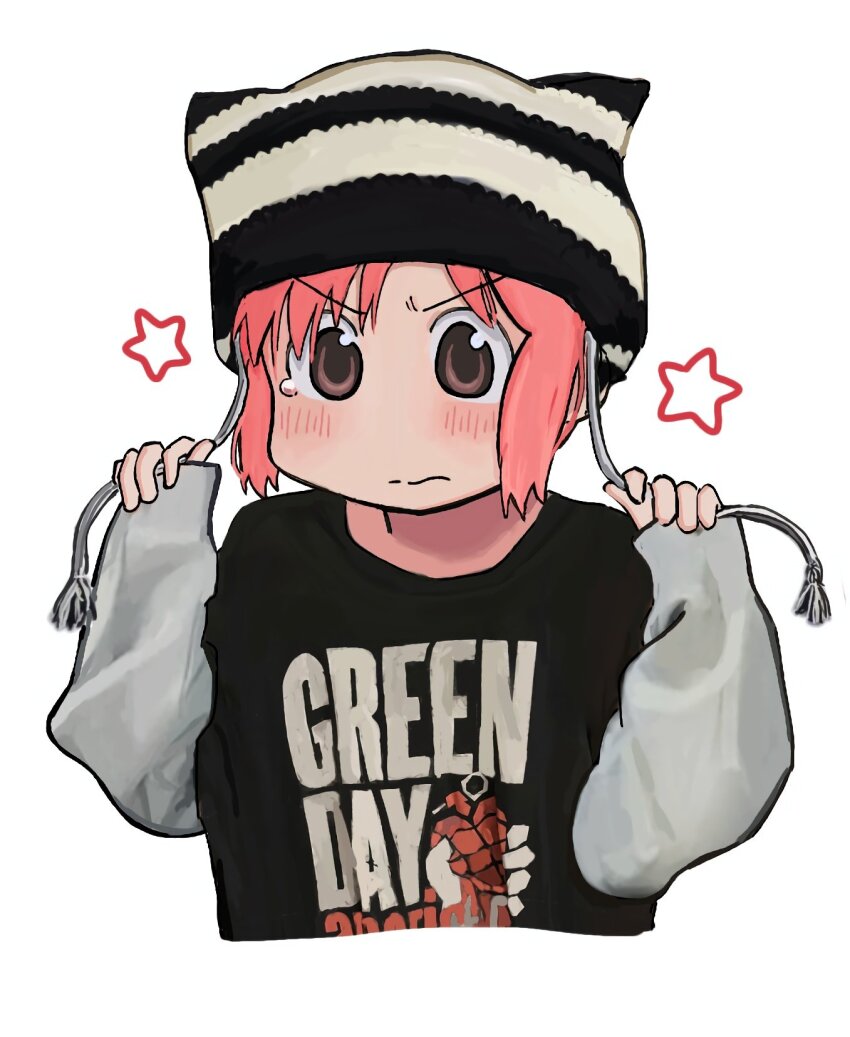 1girl, adjusting_clothes, adjusting_headwear, american_idiot, angry, animal_ear_headwear, animal_ears, band_shirt