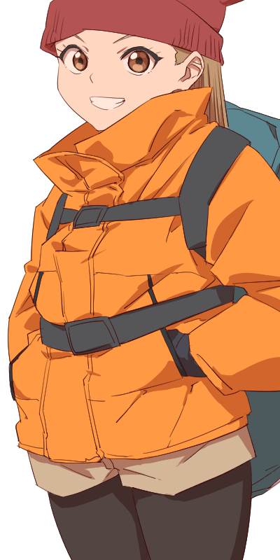 1girl, aonori_misuji, backpack, bag, black_pantyhose, brown_eyes, closed_mouth, hat