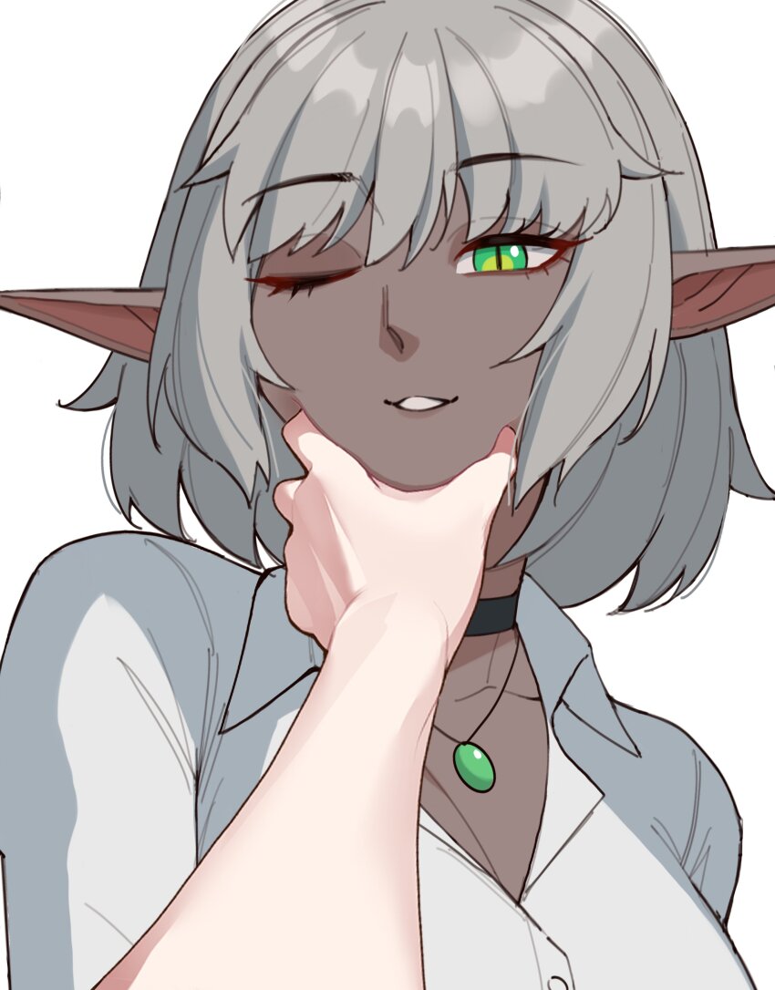 1girl, absurdres, arm_focus, black_choker, choker, collared_shirt, dark-skinned_female, dark_elf, dark_skin, elf, green_eyes, grey_hair, hair_between_eyes, hand_on_another's_chin, highres, jewelry, mawaridi, meme, necklace, one_eye_closed, original, parted_lips, pointy_ears, portrait, pov, pov_cheek_grabbing_(meme), pov_hands, shirt, short_hair, simple_background, smile, white_background, white_shirt, yvonne_(mawaridi)