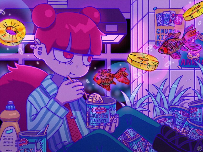 1girl, algae, black_boots, blue_pants, boots, bottle, bubble, can