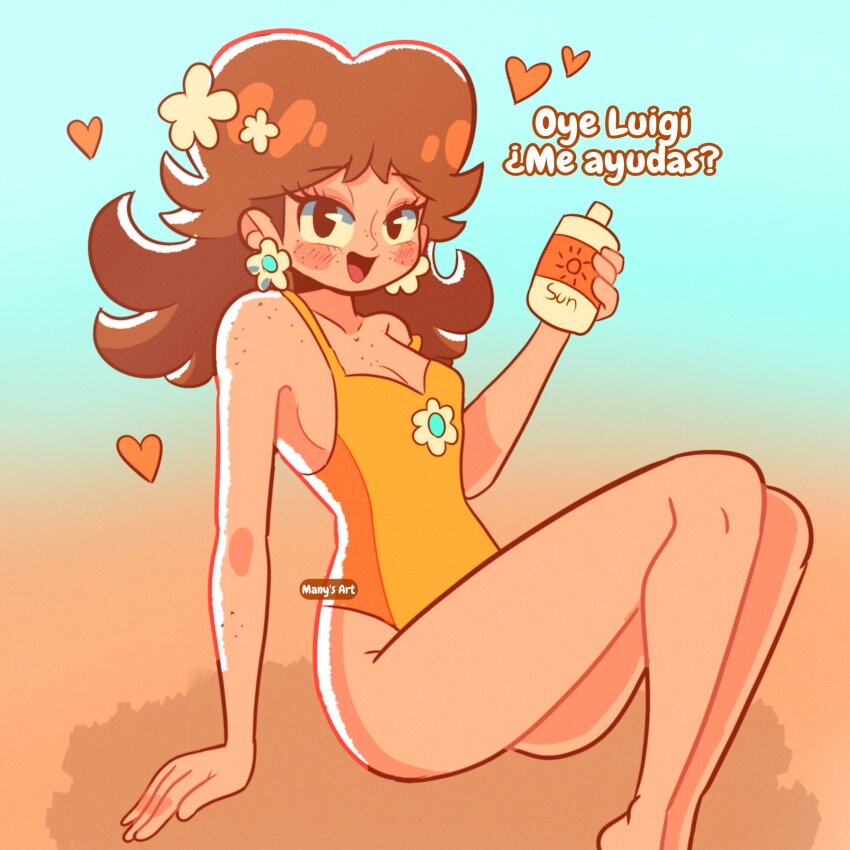 absurdres, ahoge, armpits, bare_legs, barefoot, beach, blue_eyes, blue_hair, bow, brown_hair, choker, dress, feet, female_focus, full_body, hair_ornament, hairclip, highres, hip_focus, holding, houkai_gakuen_2, idol, legs, leotard, lotion, manysart1, mario_(series), microphone, nintendo, one-piece_swimsuit, ponytail, princess, princess_daisy, solo, spanish_text, sunscreen, swimsuit, thighhighs, ye_bai_fei, yellow_leotard