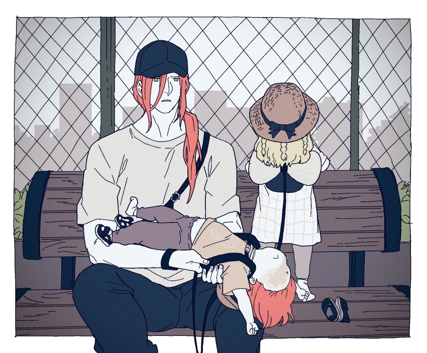 1girl, 2boys, :<, aged_down, bench, blonde_hair, border, braid