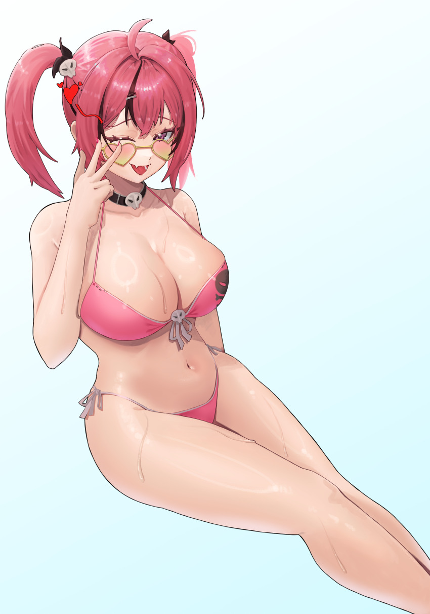 1girl, absurdres, ahoge, aqua_background, bare_shoulders, bikini, black_choker, black_ribbon