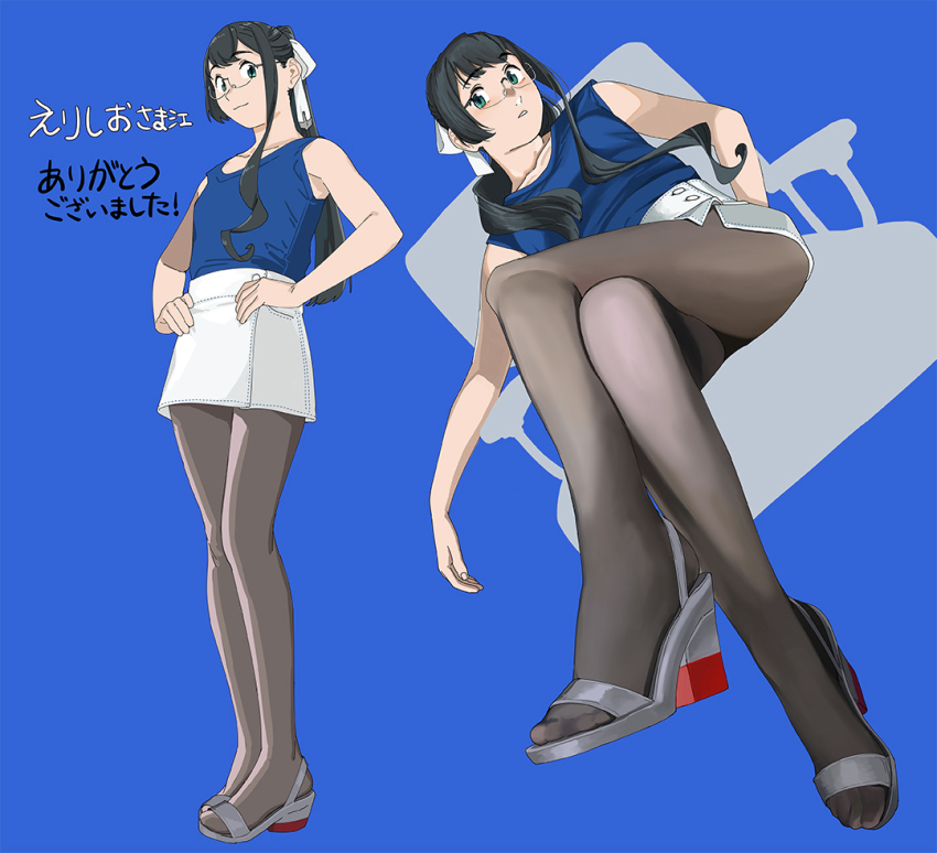 1girl, black_hair, blue_background, blue_shirt, closed_mouth, commission, crossed_legs, glasses