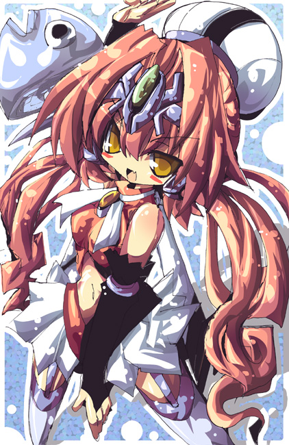 00s, 1girl, blush, bridal_gauntlets, dango_mushi, fang, female_focus, fish