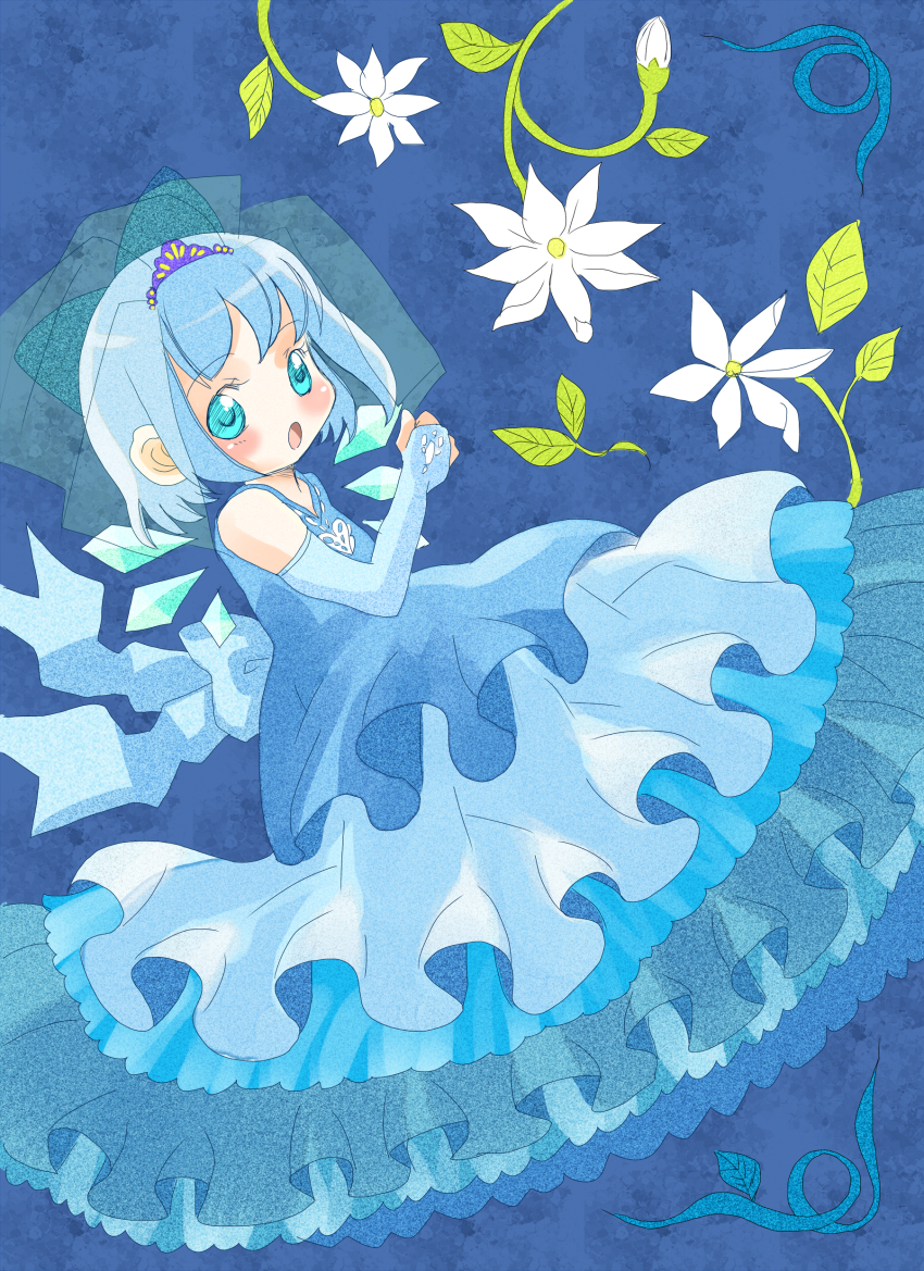 1girl, absurdres, bad_id, bad_pixiv_id, blue_eyes, blue_hair, blush, bow, bridal_gauntlets, bridal_veil, cirno, dress, female_focus, flower, gown, hair_bow, highres, matching_hair/eyes, open_mouth, sarta, short_hair, solo, tiara, touhou, veil, wedding_dress, wings