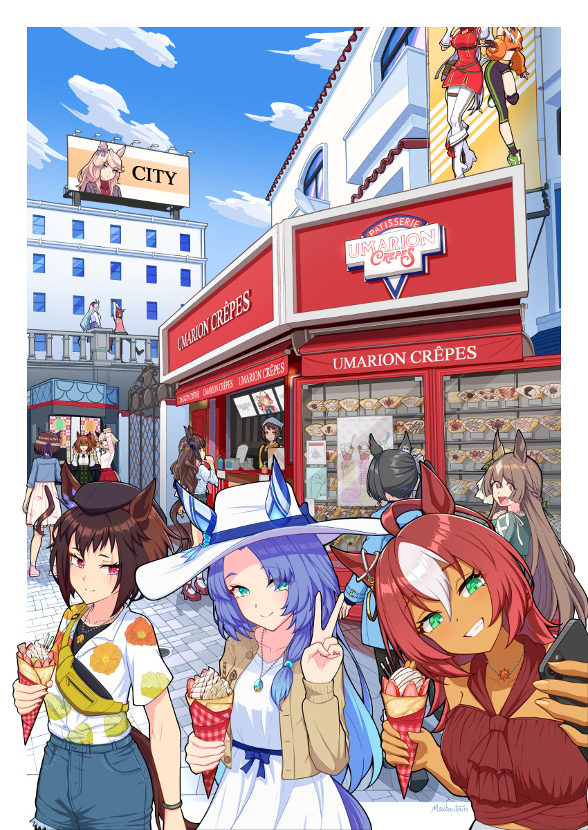 6+girls, absurdres, ahoge, alternate_costume, animal_ears, aston_machan_(casual)_(umamusume), aston_machan_(umamusume), bare_shoulders, billboard, black_hair, black_hat, blue_hair, blue_jacket, blue_shorts, breasts, brown_hair, brown_jacket, building, byerley_turk_(umamusume), cellphone, closed_mouth, clothing_cutout, cloud, crepe, curren_chan_(casual)_(umamusume), curren_chan_(umamusume), dark-skinned_female, dark_skin, darley_arabian_(umamusume), day, dress, ears_through_headwear, fanny_pack, food, godolphin_barb_(umamusume), gold_city_(casual)_(umamusume), gold_city_(umamusume), gold_ship_(red_strife)_(umamusume), gold_ship_(umamusume), green_dress, green_eyes, grin, hand_up, hat, head_tilt, headscarf, high_heels, highres, holding, holding_crepe, holding_food, holding_phone, horse_ears, horse_girl, horse_tail, jacket, jewelry, long_hair, long_sleeves, looking_at_another, looking_at_viewer, mejiro_ardan_(casual)_(umamusume), mejiro_ardan_(umamusume), mouhantain, multiple_girls, necklace, open_mouth, outdoors, phone, pink_skirt, red_eyes, red_shirt, sakura_chiyono_o_(casual)_(umamusume), sakura_chiyono_o_(umamusume), satono_crown_(casual)_(umamusume), satono_crown_(umamusume), satono_diamond_(casual)_(umamusume), satono_diamond_(umamusume), scar, scar_across_eye, scar_on_face, selfie, shirt, shirt_tucked_in, shoes, shop, short_hair, short_sleeves, shorts, signature, skirt, small_breasts, smile, sonon_elfie_(umamusume), special_week_(casual)_(umamusume), special_week_(umamusume), tail, tail_through_clothes, tosen_jordan_(casual)_(umamusume), tosen_jordan_(umamusume), umamusume, venus_paques_(umamusume), very_long_hair, walking, white_dress, white_hat, white_shirt