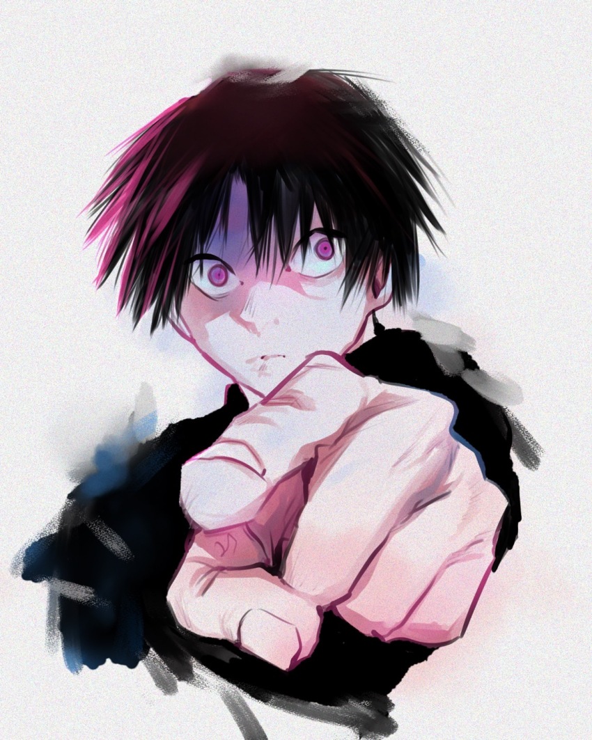 1boy, arm_up, black_hair, black_shirt, closed_mouth, highres, juujika_no_rokunin, long_hair