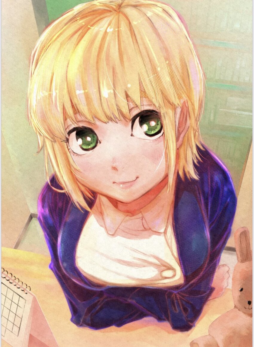 1girl, blonde_hair, blue_jacket, blush, calendar, closed_mouth, crossed_arms, female_focus