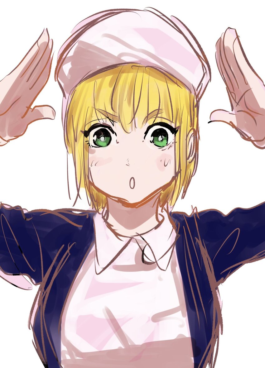 1girl, :o, blonde_hair, blue_jacket, blush, female_focus, green_eyes, hands_up
