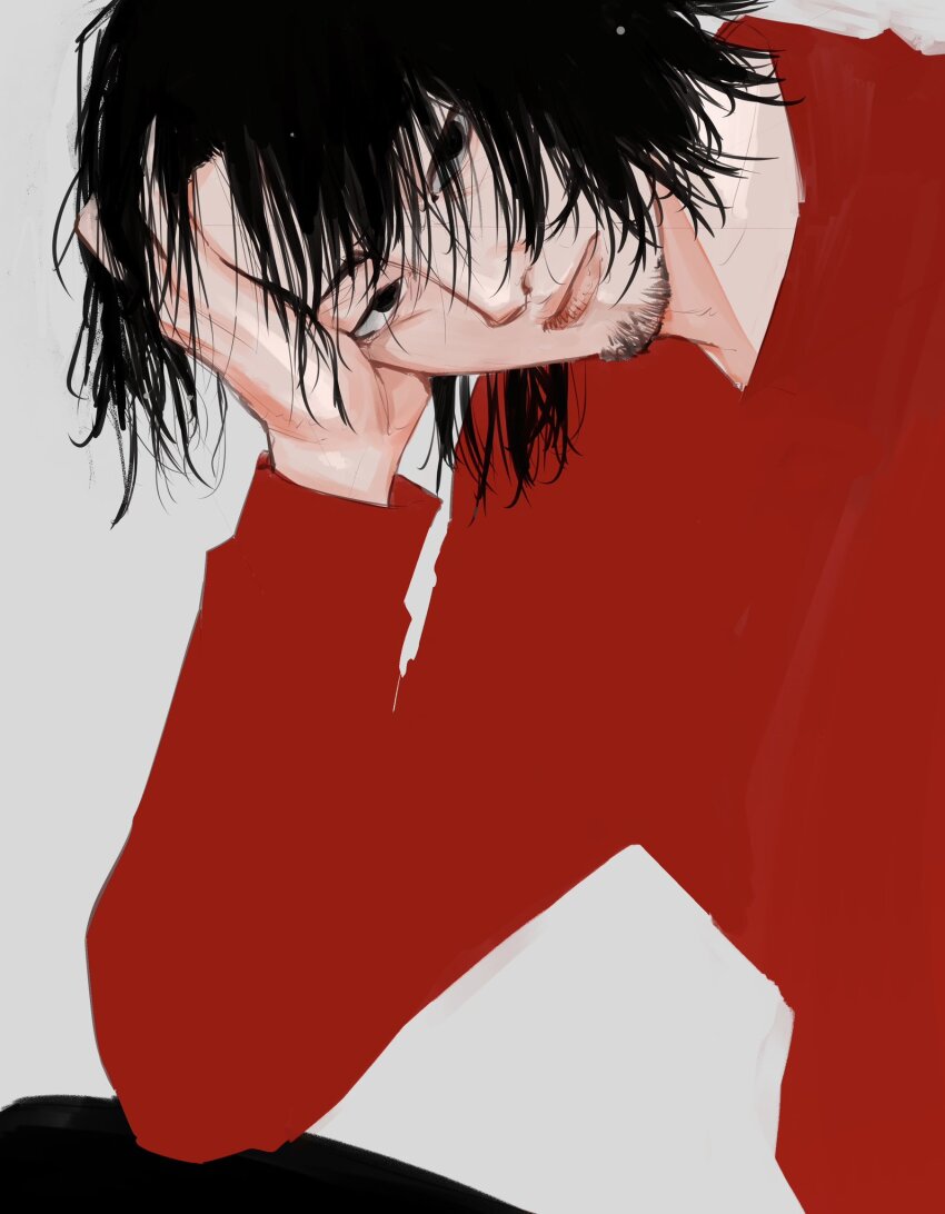 1boy, beard, black_eyes, black_hair, black_pants, closed_mouth, facial_hair, hand_on_forehead