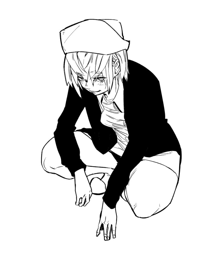 1girl, black_jacket, blonde_hair, blush, closed_mouth, hat, highres, jacket