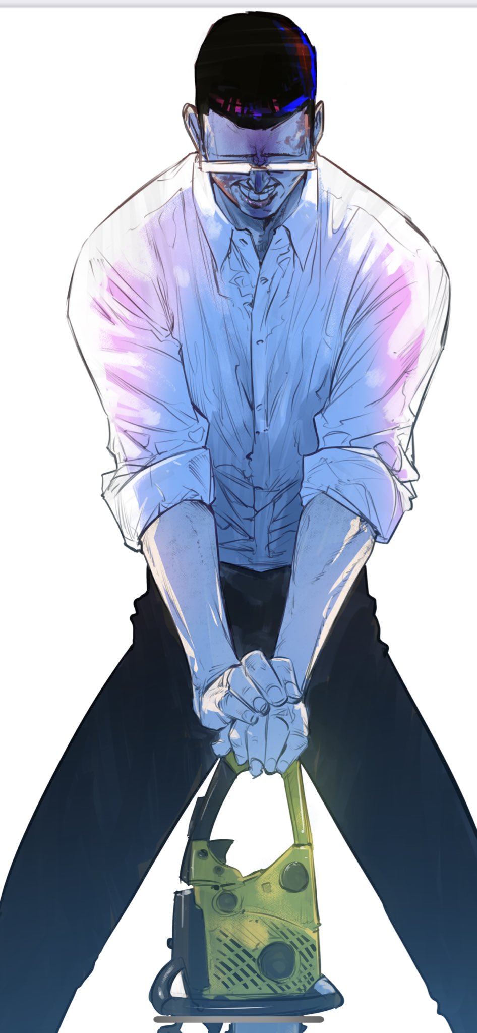 1boy, black_hair, black_pants, chainsaw, glasses, highres, juujika_no_rokunin, looking_down