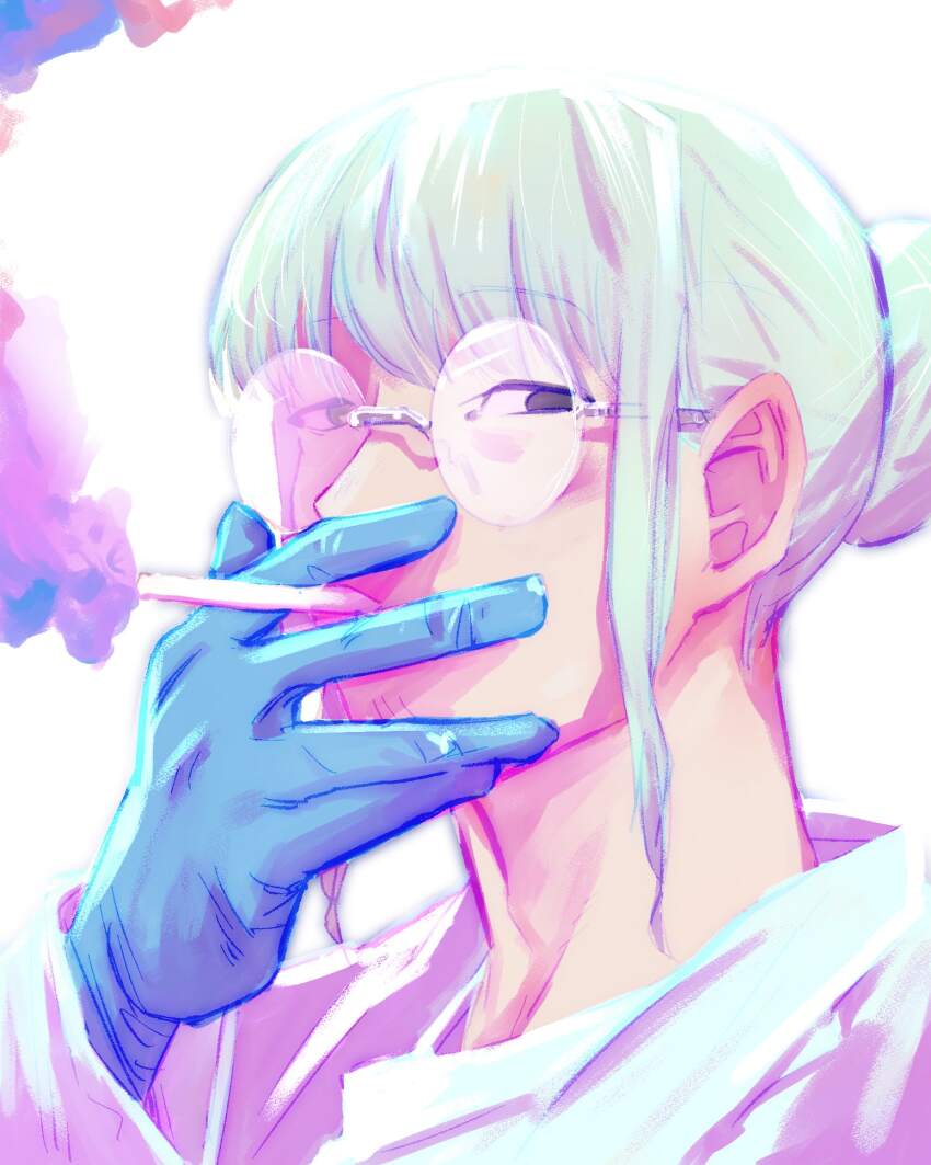 1boy, black_eyes, black_gloves, cigarette, coat, glasses, gloves, hand_up, highres, juujika_no_rokunin, kitami_kougo, long_hair, looking_at_viewer, male_focus, official_art, serious, shirt, shiryu_nakatake, simple_background, smoke, solo, very_long_hair, white_background, white_coat, white_hair, white_shirt