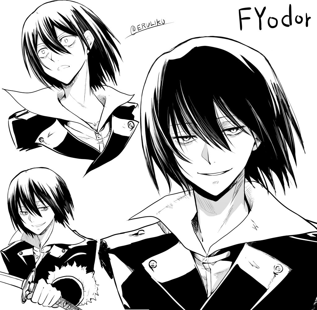 1boy, artist_name, bungou_stray_dogs, character_name, coat, cropped_shoulders, eruliku, fyodor_dostoyevsky_(bungou_stray_dogs), greyscale, hair_between_eyes, holding, holding_sword, holding_weapon, jacket, katana, long_sleeves, looking_at_viewer, male_focus, monochrome, multiple_views, parted_lips, shirt, short_hair, simple_background, smile, spoilers, sword, twitter_username, upper_body, weapon, white_background, wide-eyed