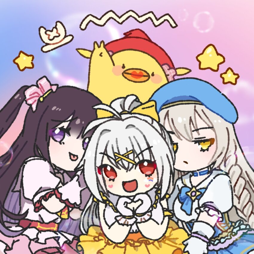 3girls, beret, bird, blue_hat, blue_skirt, blush_stickers, breasts, brown_dust_(series)