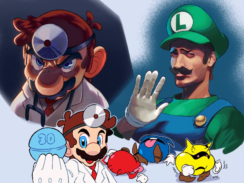 2boys, absurdres, ai-generated_art_(topic), ai_angry_dr._mario_(meme), angry, blue_eyes, blue_overalls, brown_hair