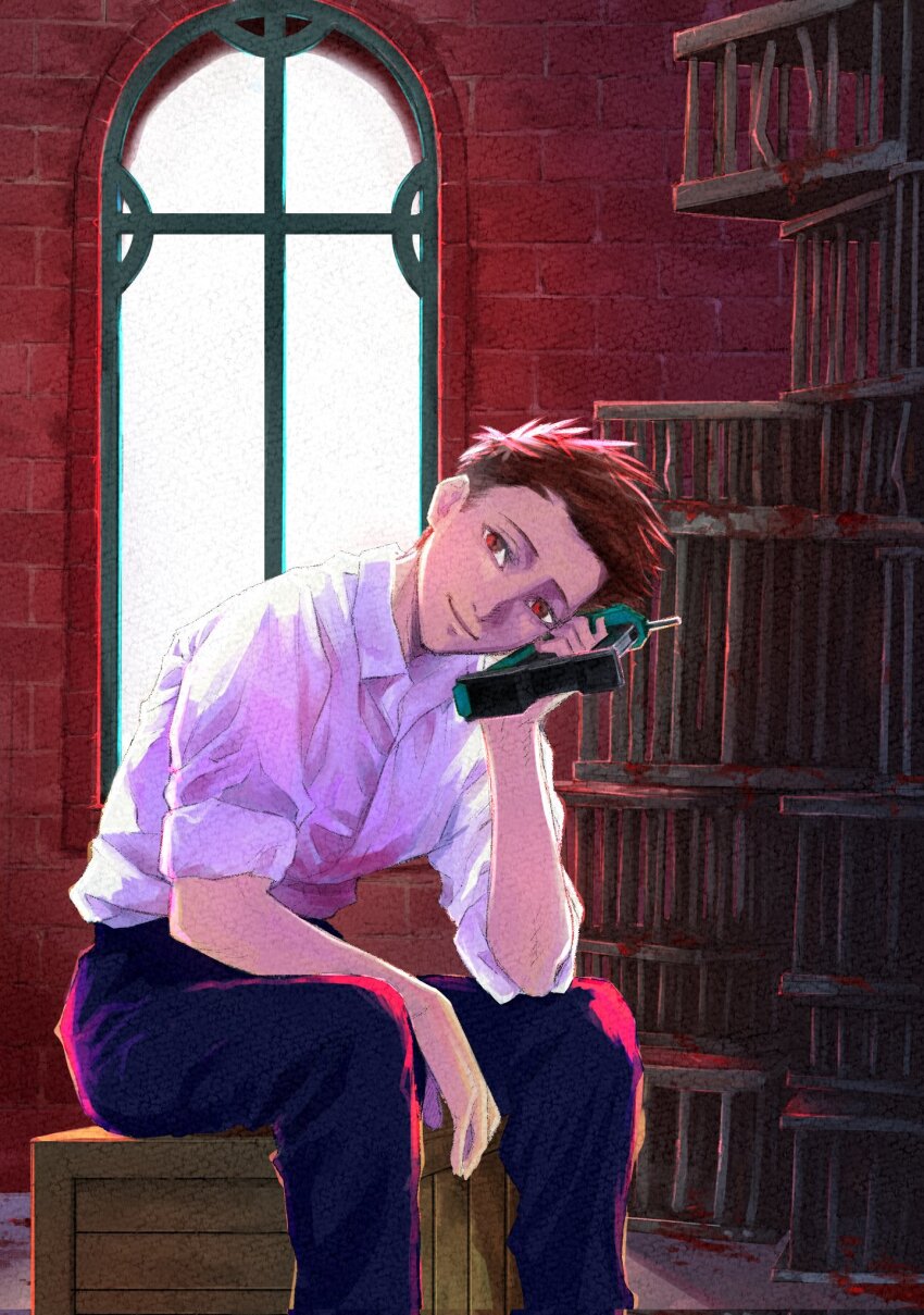 1boy, black_pants, box, brown_hair, cage, closed_mouth, hand_up, highres