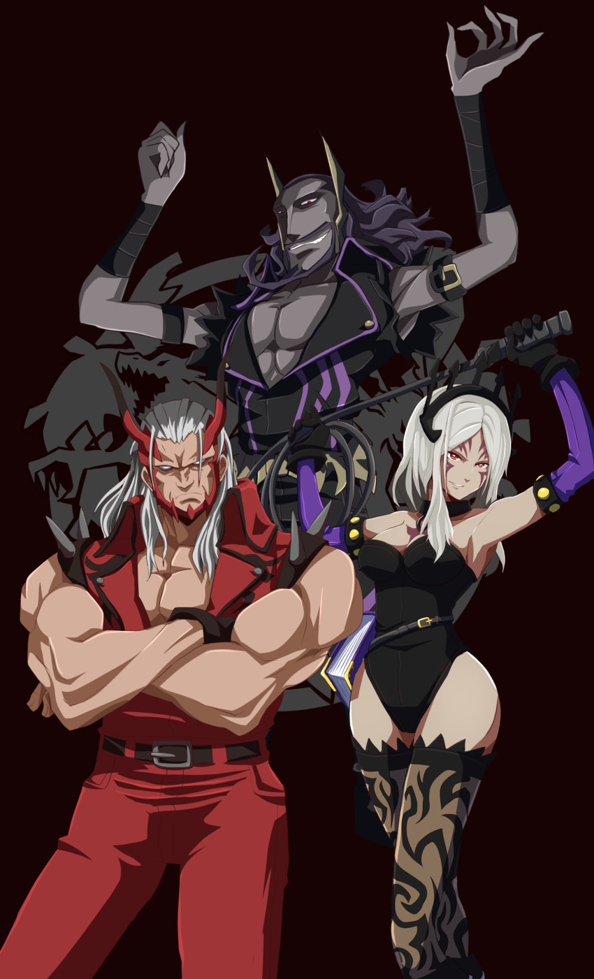 1girl, 2boys, absurdres, aversa_(fire_emblem), belt, black_background, book, commission