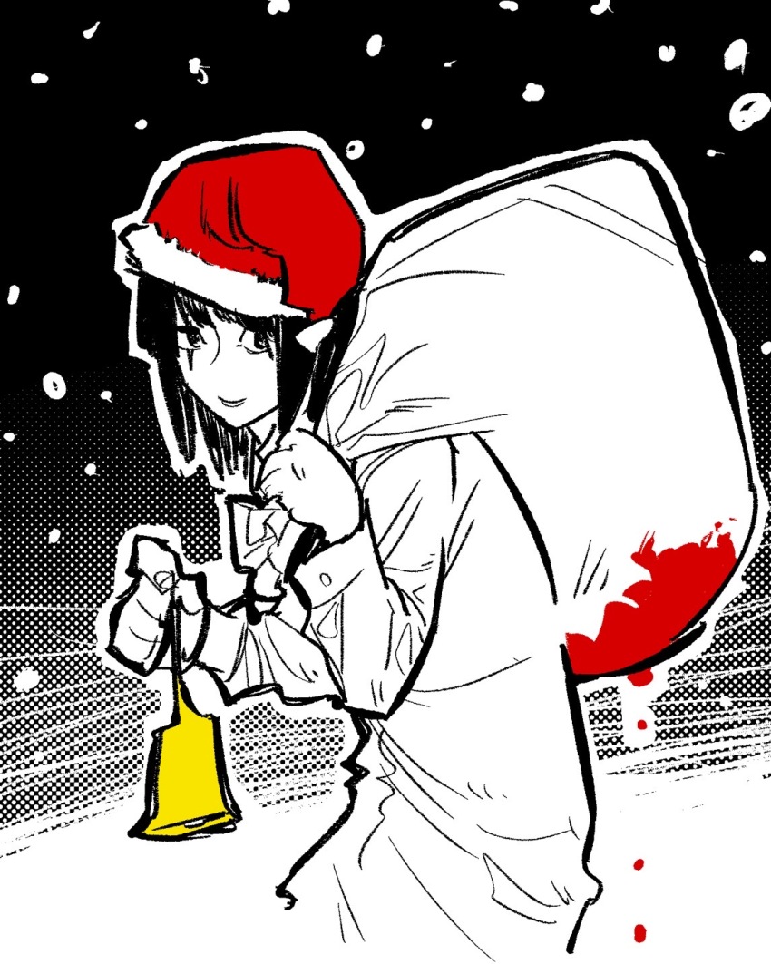 1boy, bag, bell, black_eyes, black_hair, blood, blood_drip, dripping