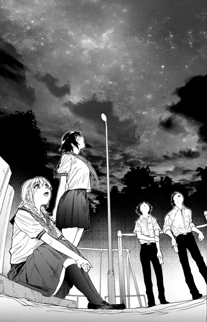 2boys, 2girls, azuma_chizuru, black_hair, black_pants, black_skirt, black_socks, blonde_hair, can, closed_mouth, cloud, cloudy_sky, grid, highres, juujika_no_rokunin, long_hair, looking_up, multiple_boys, multiple_girls, night, open_mouth, pants, ribbon, sailor_collar, sailor_shirt, school_uniform, serious, shirakawa_jun, shirakawa_kaname, shirt, shoes, sitting, skirt, sky, smile, socks, star_(sky), uruma_shun, very_long_hair, white_background