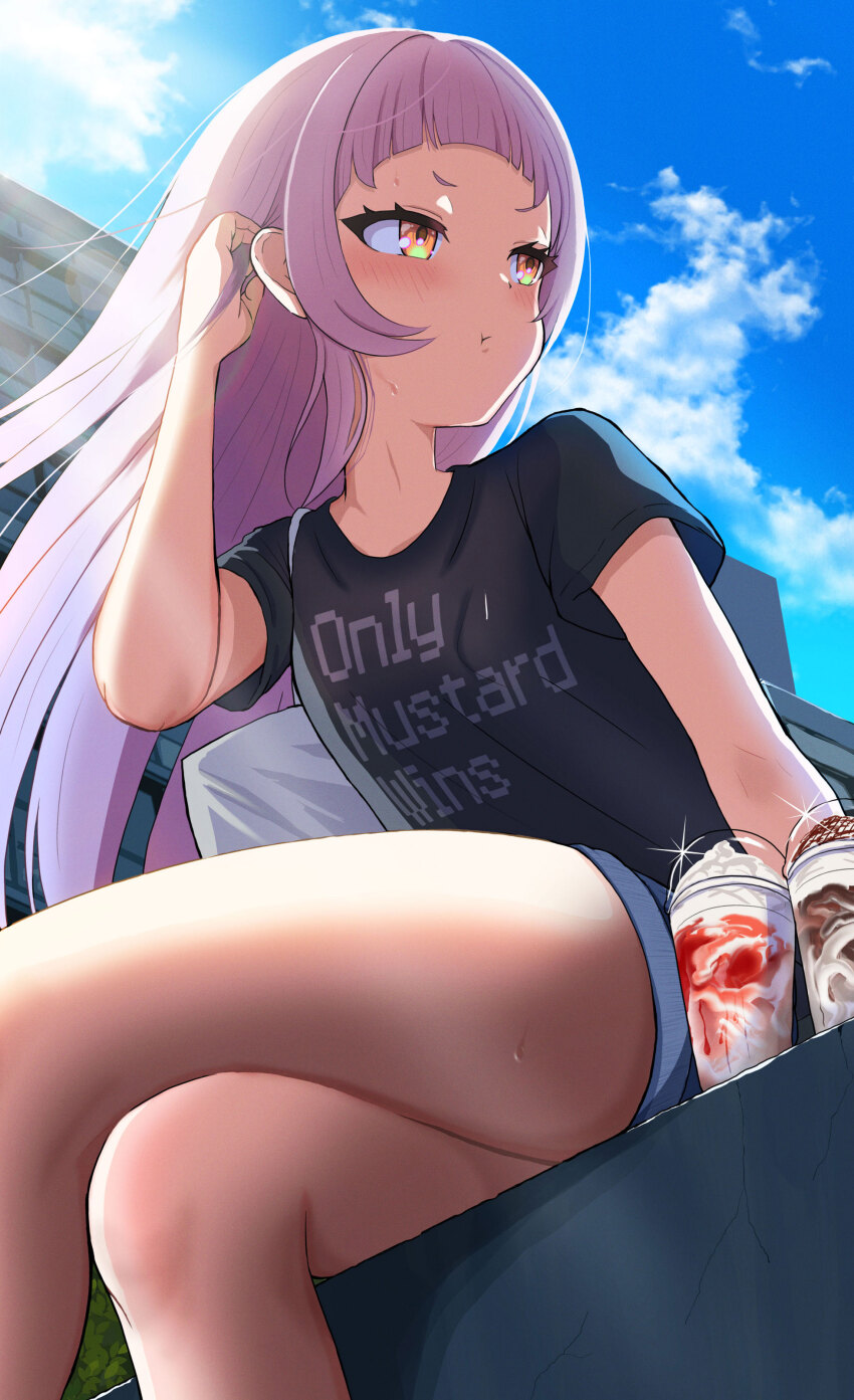 1girl, 264_(user_ffyd3374), absurdres, alternate_costume, black_shirt, blue_shorts, blue_sky, blush