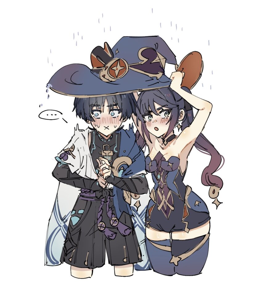 ..., 1boy, 1girl, x_mouth, aqua_eyes, armor, arms_up, bare_shoulders