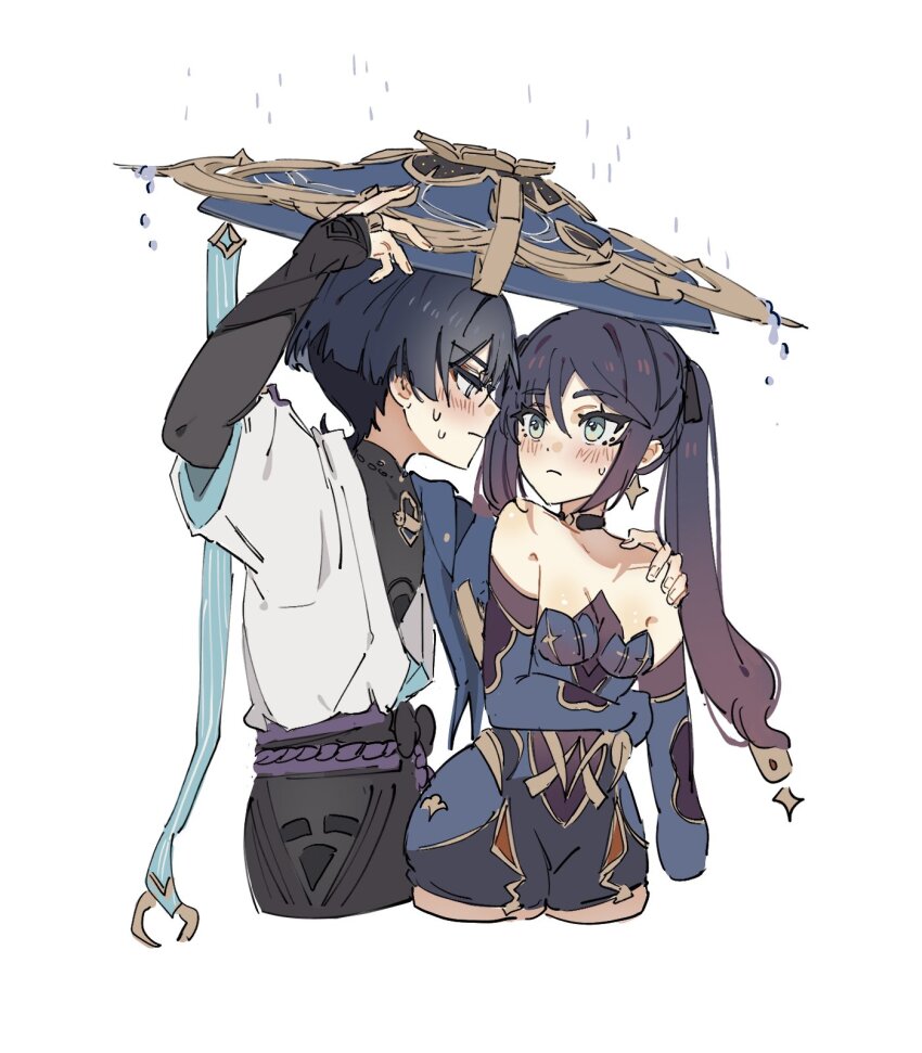 1boy, 1girl, aqua_eyes, armor, bare_shoulders, black_hair, black_ribbon, blush