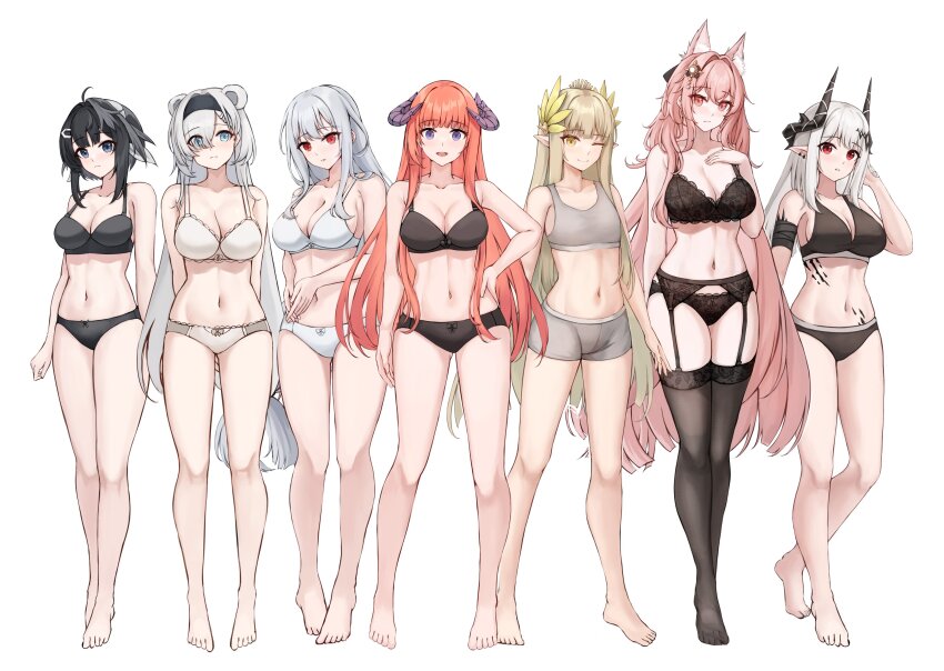 6+girls, absurdres, animal_ears, arknights, aurora_(arknights), bagpipe_(arknights), bear_ears, bear_girl, black_bra, black_garter_belt, black_hair, black_horns, black_thighhighs, blue_eyes, bra, commentary, english_commentary, feather_hair, forward-facing_horns, full_body, garter_belt, gongbangmanchi_(daisy_cutter), green_hair, grey_hair, grey_shorts, grey_sports_bra, highres, horns, infection_monitor_(arknights), la_pluma_(arknights), long_hair, looking_at_viewer, material_growth, mole, mole_under_eye, mudrock_(arknights), muelsyse_(arknights), multiple_girls, open_mouth, orange_hair, oripathy_lesion_(arknights), pink_eyes, pink_hair, pozyomka_(arknights), purple_eyes, purple_horns, red_eyes, shorts, simple_background, skadi_(arknights), smile, sports_bra, standing, thighhighs, underwear, underwear_only, white_background, white_bra, white_hair, wolf_ears, wolf_girl, yellow_eyes