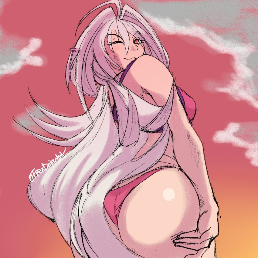 1girl, ahoge, arms_at_sides, artist_name, ass, ass_focus, bare_shoulders, bikini, breasts, butt_crack, cloud, cloudy_sky, fate/grand_order, fate/prototype, fate_(series), frexdniteart, from_behind, from_below, grabbing_own_ass, hair_between_eyes, hair_intakes, lady_avalon_(fate), legs_together, long_hair, looking_at_viewer, looking_back, medium_breasts, merlin_(fate/prototype), one_eye_closed, pink_bikini, sideboob, sky, smile, standing, sunset, swimsuit, tareme, v-shaped_eyebrows, very_long_hair, white_hair, wink