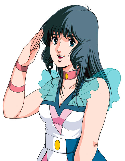 1980s_(style), black_hair, blue_eyes, choker, choujikuu_yousai_macross, dress, long_hair, lynn_minmay